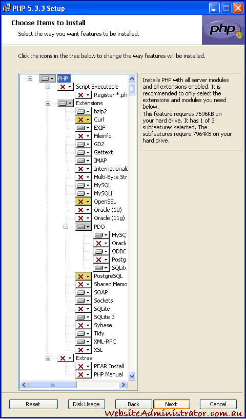 PHP 5.3.3 items from Choose Items to Install modified