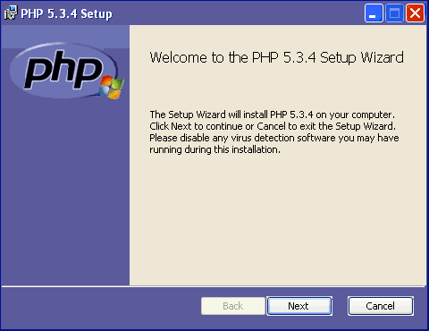 Starting the PHP 5.3.4 installation wizard