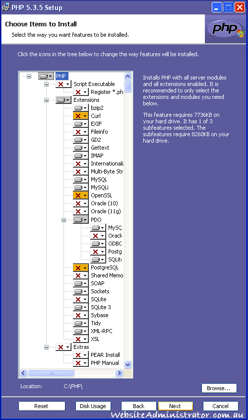 PHP 5.3.5 items from Choose Items to Install modified