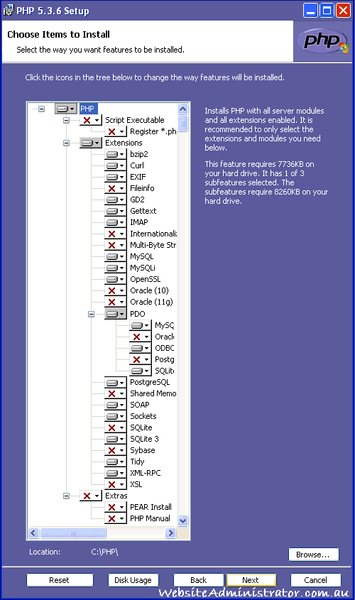 PHP 5.3.6 items from Choose Items to Install modified